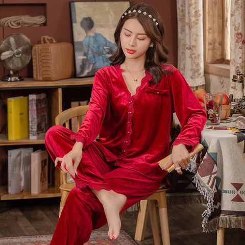 Gold velvet cardigan pajamas women's spring and autumn style 2023 new light  lace solid color cross-border home clothes can be worn outside