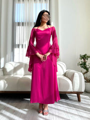 Rose Red Elegant Chiffon Ruffle Sleeve Dress With Strap