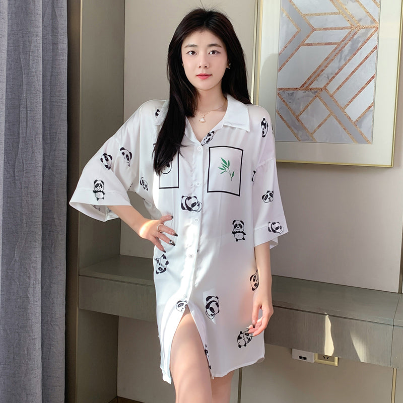 Cute  National Treasure  Pajamas Shirt Collar Nightdress Simple Huaer Cotton Home Service