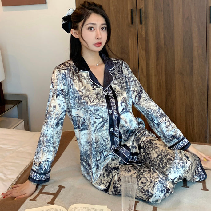New cardigan gold diamond velvet pajamas women's spring and autumn  end fashion casual two-piece diamond velvet home service