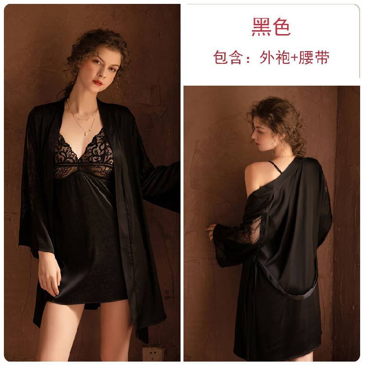 Rose  spring and summer female Europe and the United States new pajamas satin long-sleeved tape nightgown bathrobe home clothing 780