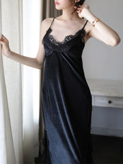 Women's Sexy Lingerie Lace Sling Long Dress Nightdress Deep V Cute Pajamas Sling Slit Nightgown