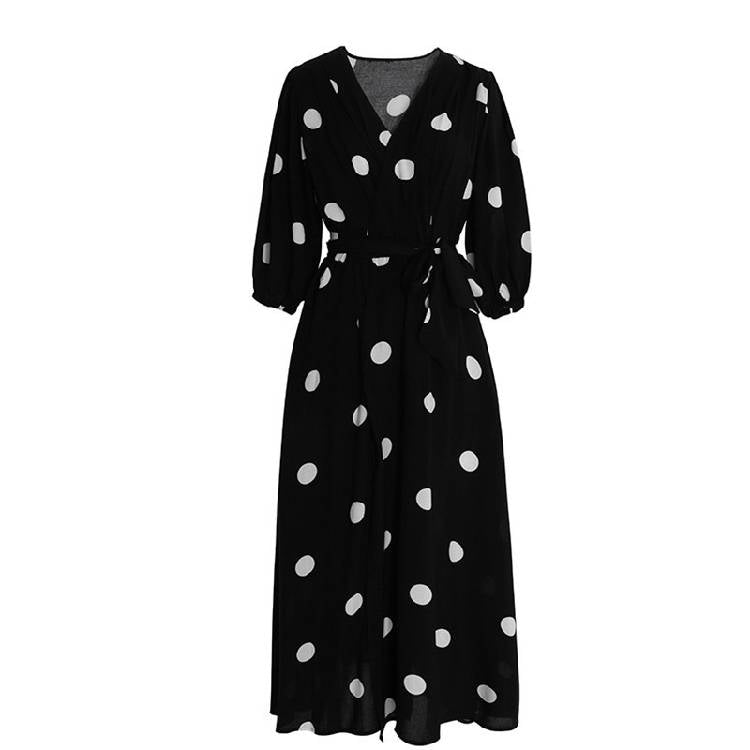 Boho New Summer Maxi Dress Clothes Vintage Slim French Retro Hepburn Wind Black Polka Dot Long Robe Korean Style Fashion