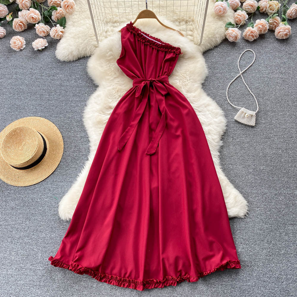 Light mature off shoulder sleeveless dress lace up waist slim long dress banquet dress