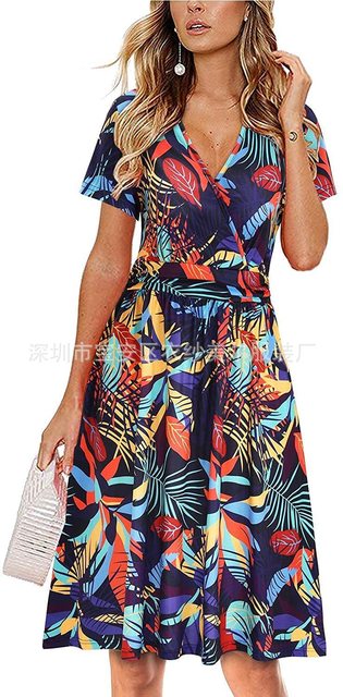 Women's Flower Print Boho Party Dress Summer V Neck Short Sleeve Mini Tank Top