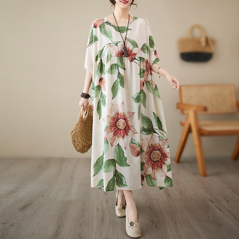 Middle-aged fat mother shows thin dress 150 jin 180 jin fat mm large size women's retro floral temperament long skirt