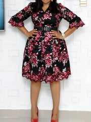 European and American hot-selling lace  flowers V-neck waist A-line dress African temperament commuter dress with belt