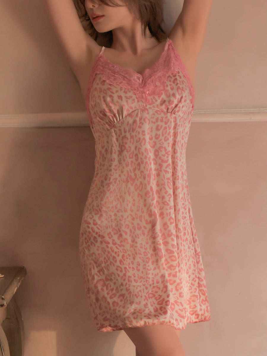 Women's Underwear Deep V Lace Leopard Print Sling Nightdress Women's Short Skirt Home Wear