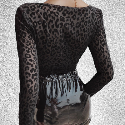 Polyester Spring Autumn Sexy Western style Leisure Leopard print High waist Body suit See-trough