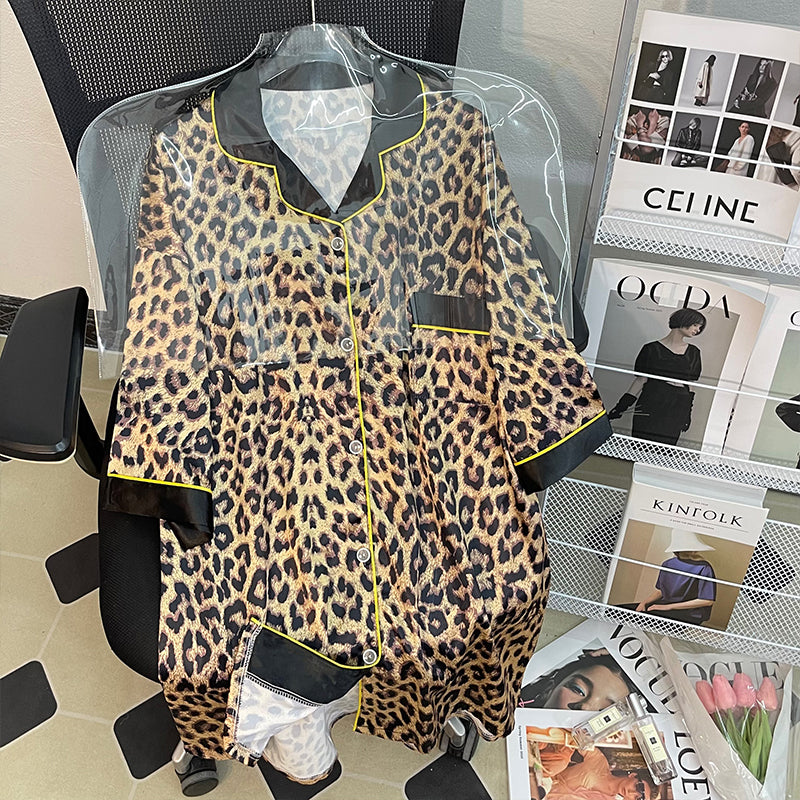 Women's Sexy Leopard Print Pajamas Shirt Collar Short Sleeve Homewear Simulated Silk Nightdress