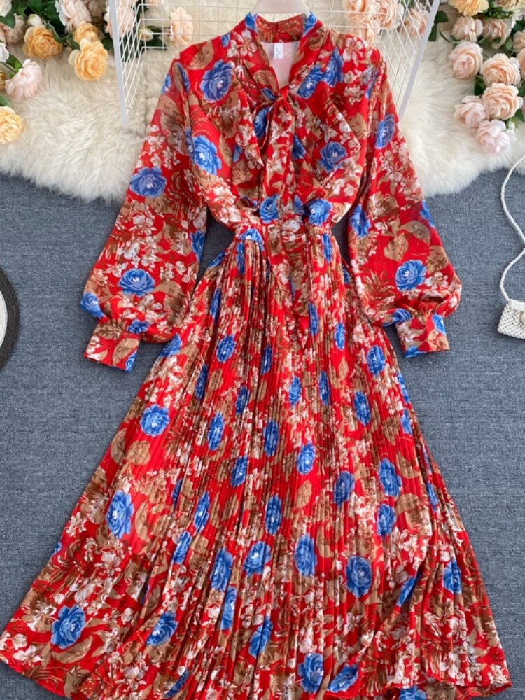 فستان بوهو نسائي عتيق للربيع والخريف بأكمام طويلة مزين بفيونكة فستان نسائي أنيق بطبعة زهور رداء بدون أكمام 