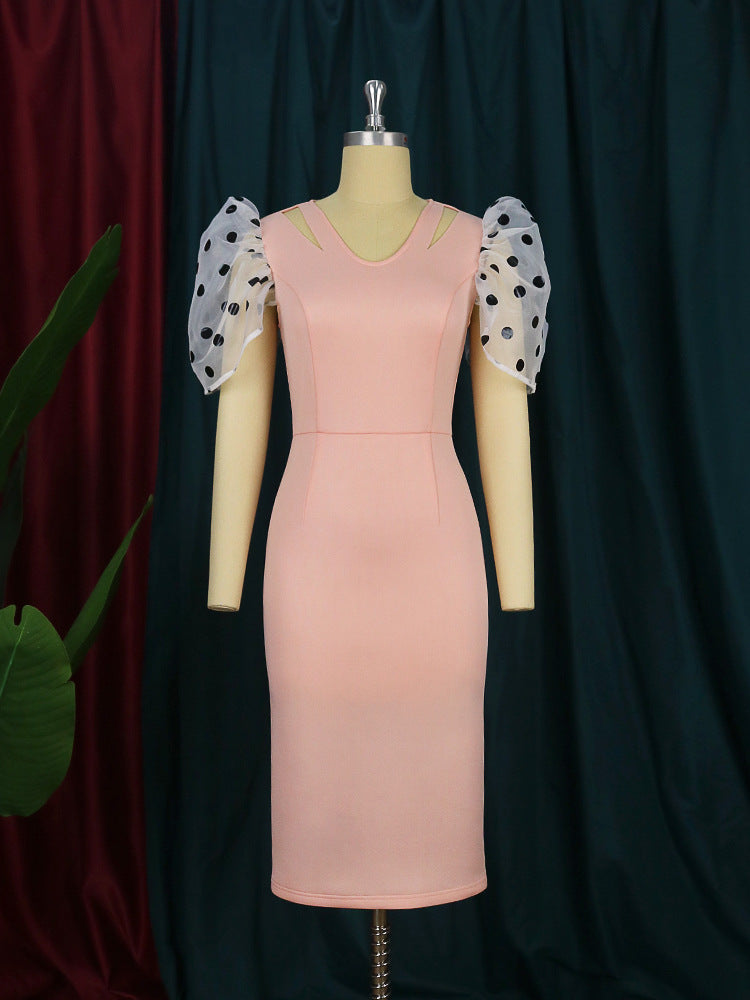 Summer cool polka dot tulle sleeve V neck pink lady dress bodycon dress women
