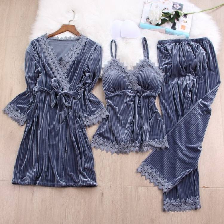 Queenral 3pcs Gold Velvet Pajamas Set For Women Warm Pyjama Lace Pajamas Winter Sleepwear Nightdress Homewear Pijamas