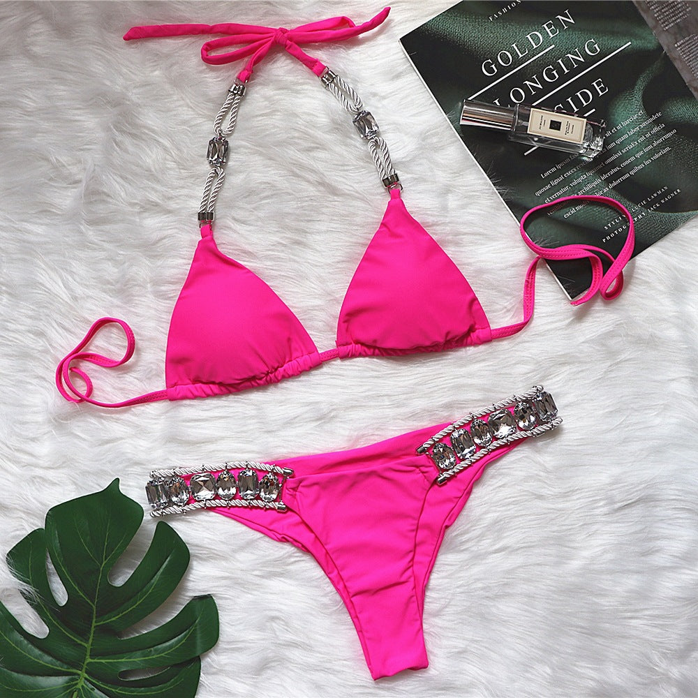 Explosive new cross-border swimsuit crystal diamond women's swimwear plain color strappy halter bikini