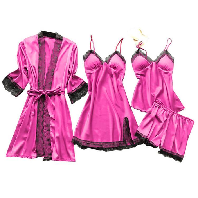 Lace Up Lingerie Pajamas Set Nightdress Women Long Silk Dressing Gown Bath Robe Sleep Wear Four piece Suit Sleepwear