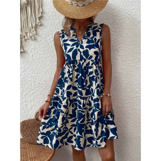 فستان صيفي عتيق مكشكش للنساء بياقة على شكل V فستان فضفاض غير رسمي مطبوع عليه زهور أنيق بوهو فستان حفلات الشاطئ تانك توب