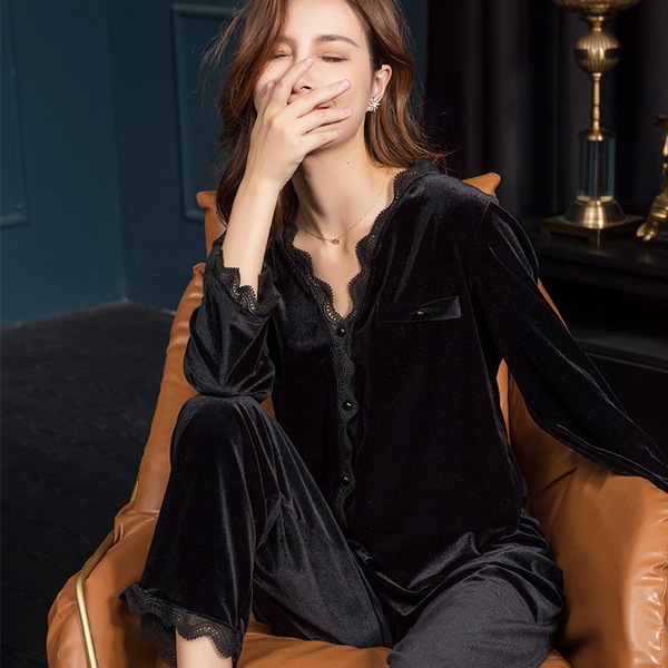 Gold velvet cardigan pajamas women's spring and autumn style 2023 new light  lace solid color cross-border home clothes can be worn outside