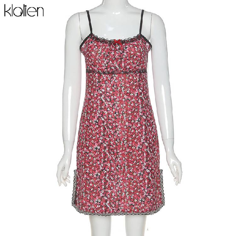 فستان قصير نسائي صيفي بوهو بحزام أحمر من KLALIEN فستان نسائي أنيق لطيف على طراز الكلية كاواي نحيف وناعم منقوش عليه زهور جديد 