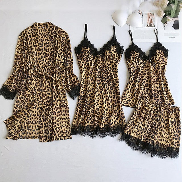 Leopard Print Sexy Women's Pajamas Set Satin Pajamas Pajamas Silk Homewear  Pajamas Pajamas Pajamas Underwear