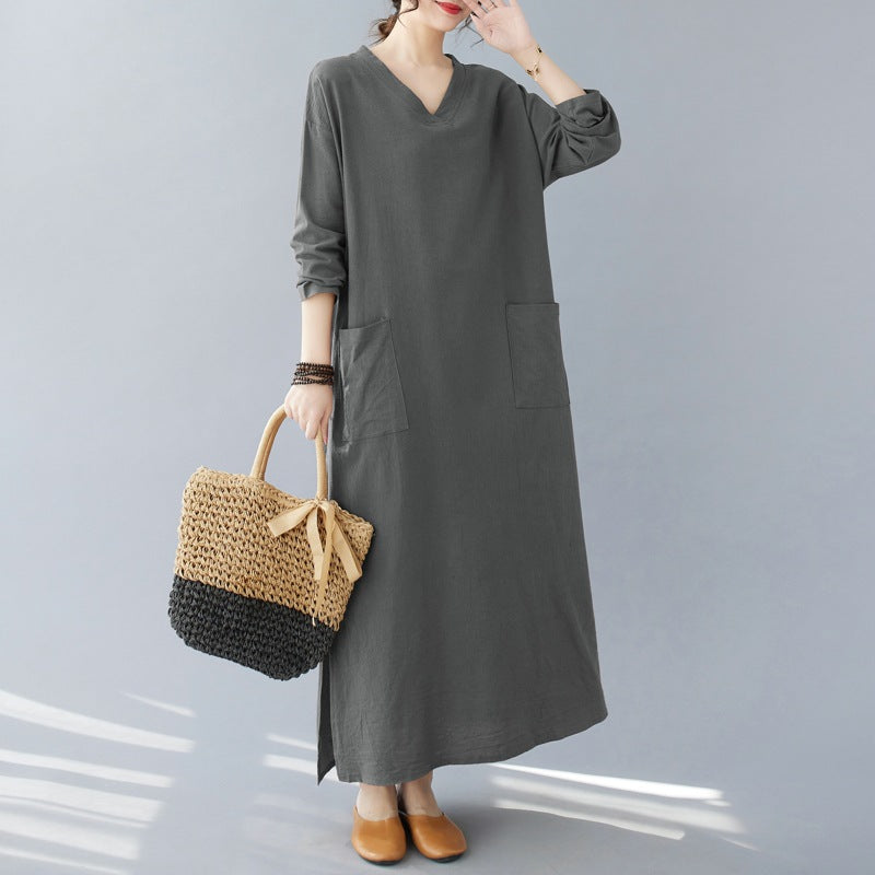 Plus-size women's clothing 2023 new fat MM retro cotton and linen V-neck plus fertilizer and enlarged  long-sleeved dress