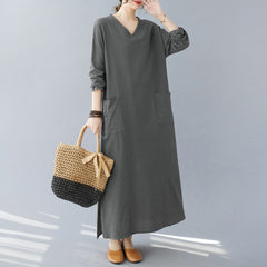 Plus-size women's clothing 2023 new fat MM retro cotton and linen V-neck plus fertilizer and enlarged  long-sleeved dress