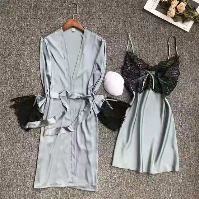 QSROCIO Women's Pajamas Robe Set Sexy Lace Sling Dress  Nightgown Silk Like Homewear Elegant New Sleepdress
