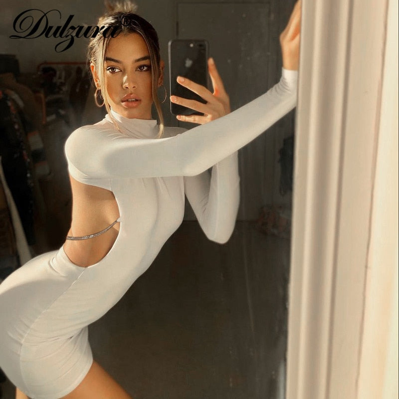 Dulzura Hollow Out Chain Women Long Sleeve Mini Dress Bodycon Sexys Streetwear Party Elegant 2020 Autumn Winter Club Solid Slim