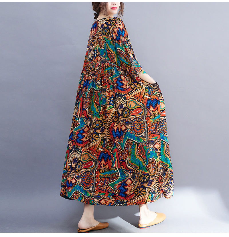 منتج صيفي جديد، فني قديم، دهون تقلل من العمر مم 200 رطل، فستان قطني كبير مطبوع بأكمام قصيرة 