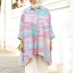 ZANZEA Ms. Muslim style Arabian style blooming printed shirt lapel long sleeves irregular hem Ladies tops fashion elegant mid-length robe loose casual mid-length shirt without headscarf large size