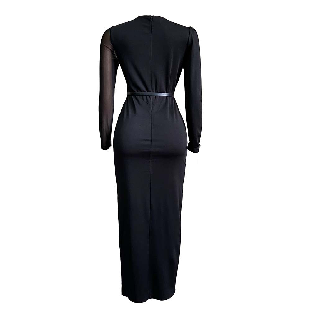 See Through Long Sleeve Tulle Ruffle Slit Long Maxi Dresse 2022 Summer Evening Party Dress Women Irregular Slim Bodycon Dress