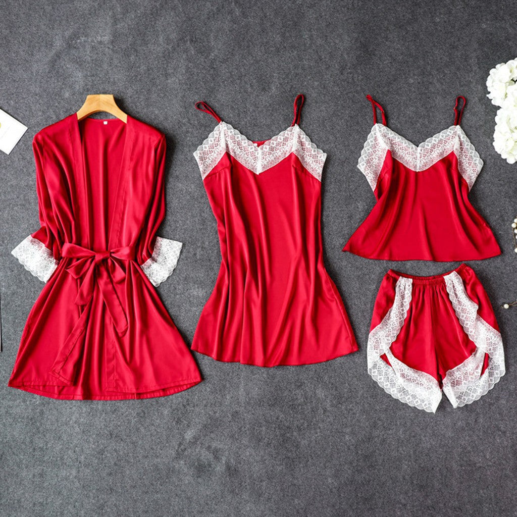 Pajamas Sexy Four-piece Suit Simulation Silk Suspender Nightgown with Chest Pad Ladies Can Wear Nightdress