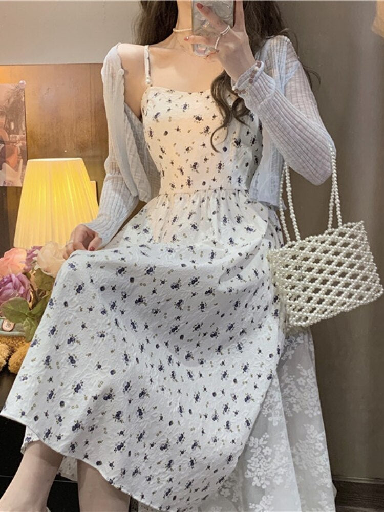 كوريا الملابس 2 قطعة مجموعة فستان المرأة سليم الأزهار فستان بحزام مكتب سيدة الشاطئ نمط بوهو أنيق ميدي فستان حفلة 2022 الصيف