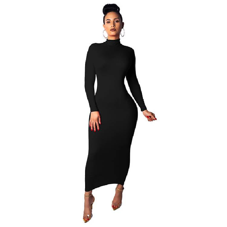 Bodycon Long Dress Women Long Sleeve Turtleneck Autumn Winter Dress 2019 Red Black White Club Party Midi Dress