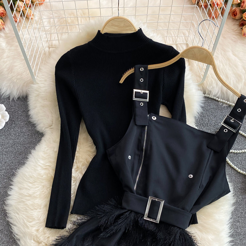 Autumn black stand-up collar tight  bottoming shirt two-piece suit  waisted splicing  fringe suspender dress
