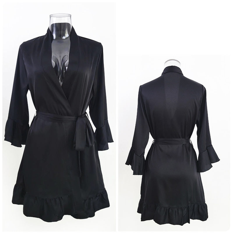 Ladies sexy pajamas  desire simulation silk lotus  cuff cardigan robe nightgown