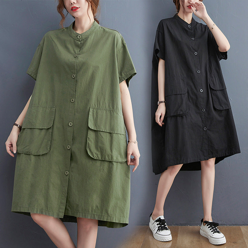 Large size  solid color dress literary retro fat MM small stand collar button pocket casual skirt