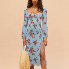 Vintage Women Floral Print Split Midi Dresses Long Sleeve Chic Bodycon Dress Female Square Collar Elegant Party Dress