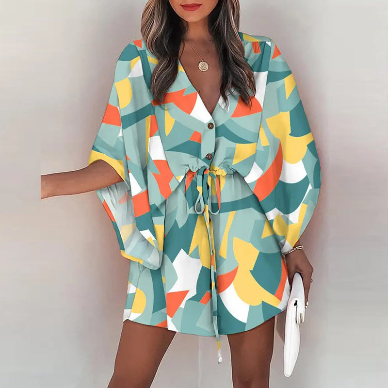 فستان قصير غير رسمي لقضاء العطلات على الشاطئ بوهو للنساء فساتين صيفية مطبوعة بأربطة وأكمام تشبه جناح الخفّاش للنساء رداء نسائي فضفاض 