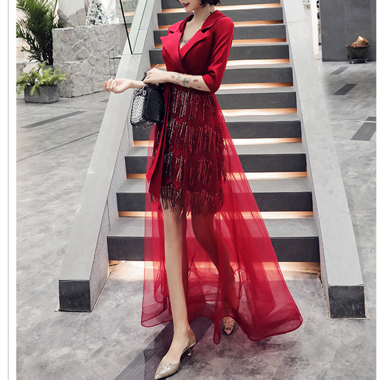 Women's front short and back long fashionable party dress V-neck mid-sleeve fringed sequin birthday party dress Slim bag hip skirt