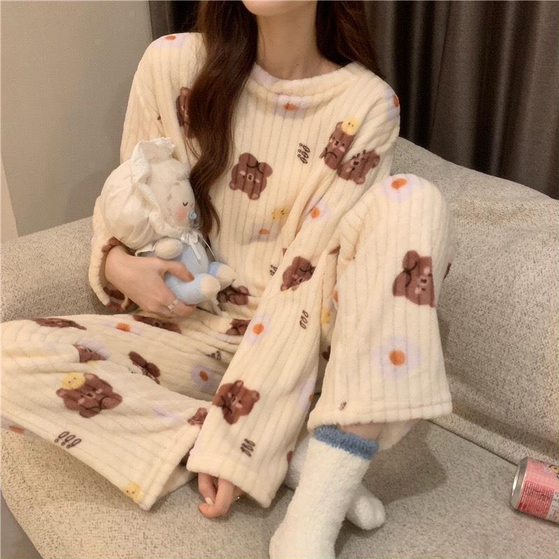 Coral velvet pajamas for women  winter sweet cute long sleeve velvet thickened spring and autumn Flannel housewear suit