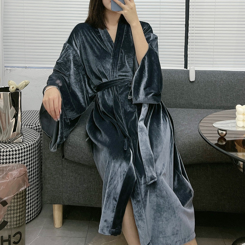 Autumn and winter women's thick warm fashion single robe long gold velvet nightgown