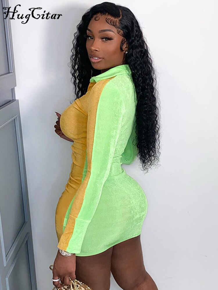 Hugcitar اللون المرقعة كم طويل فستان قصير قميص بدوره إلى أسفل طوق الخامس الرقبة Bodycon مثير نادي الحفلات Y2K الملابس تصميم الأزياء 