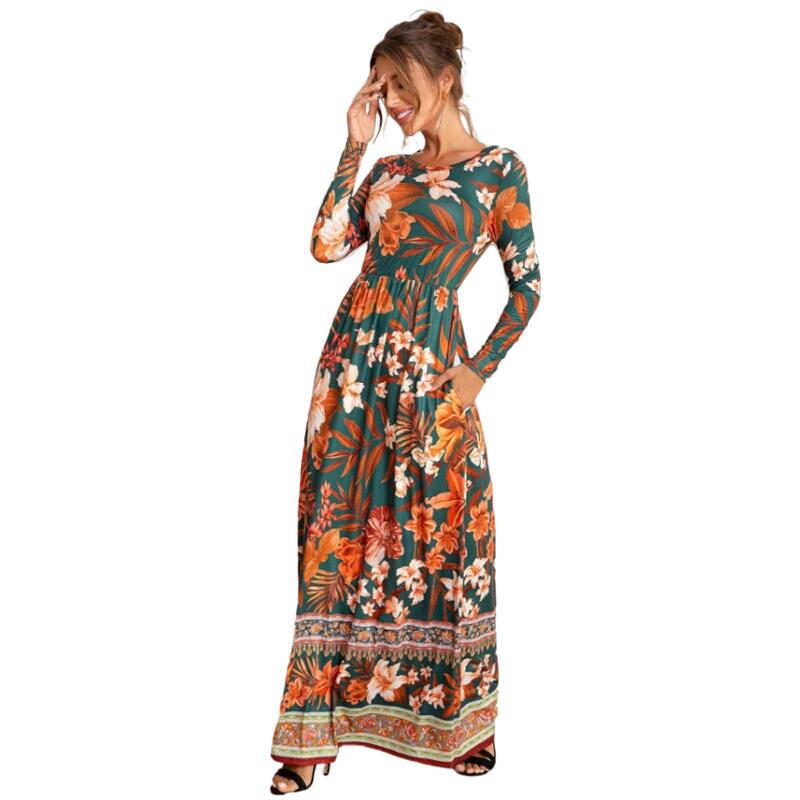 فستان 2022 خريف وشتاء جديد فستان مطبوع بأكمام طويلة وتنورة طويلة 