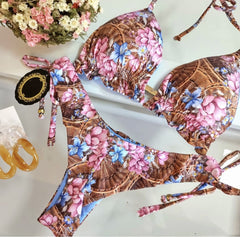 Brazilian Split Ladies Printed Swimsuit With Underwire Chest Pad Sexy Triangle Bikini