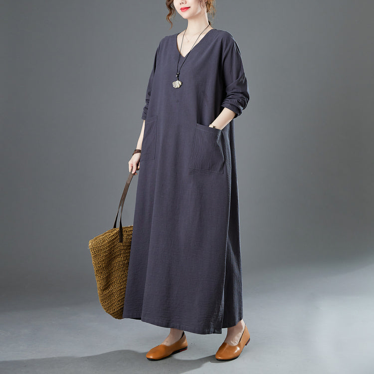 Ladies spring new retro cotton and linen V-neck plus fat to increase  long-sleeved dress robe