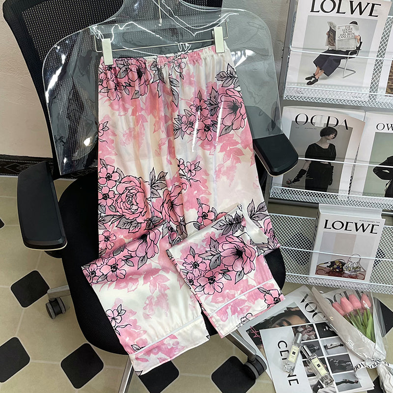 Summer Ladies Comfortable Luxurious Pajamas Long Sleeve Homewear Simulated Silk Suit