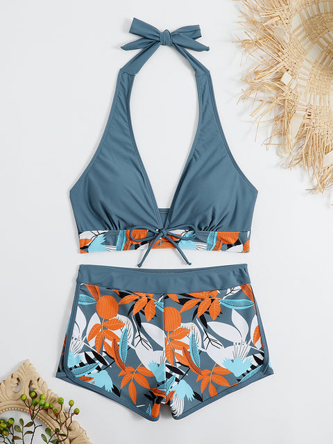 2023 Halter Bikini Set Short Swimsuit Women High Waist Swimwear Female Printed Bathers Swimming Bathing Swim Suit Beachwear