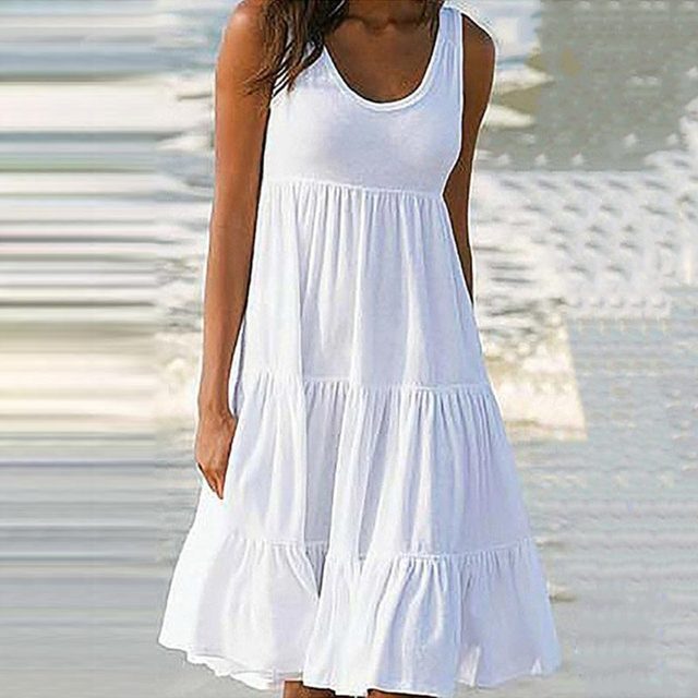 Womenl O Neck Sleeveless Ruffles Mini Dress Boho Solid Beach Sundress Oversized Loose Dress 2023 Summer