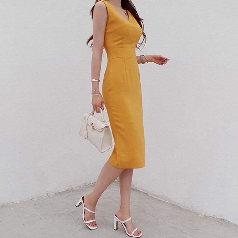 Korean Elegant Women Dress Temperament Classical Vintage Formal Bodycon Slim Midi Pencil Party Commute Lady Femme Mujer Vestidos