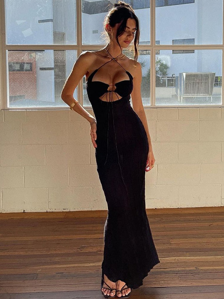 JULISSA MO Hollow Out Strapless Backless Sexy Long Dress Women Bodycon Slim Draw String Dress Female Night Club Ladies Vestidos